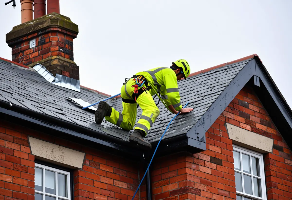 A Dooley & Sons roofer fitting natural slate on a red brick Dublin house