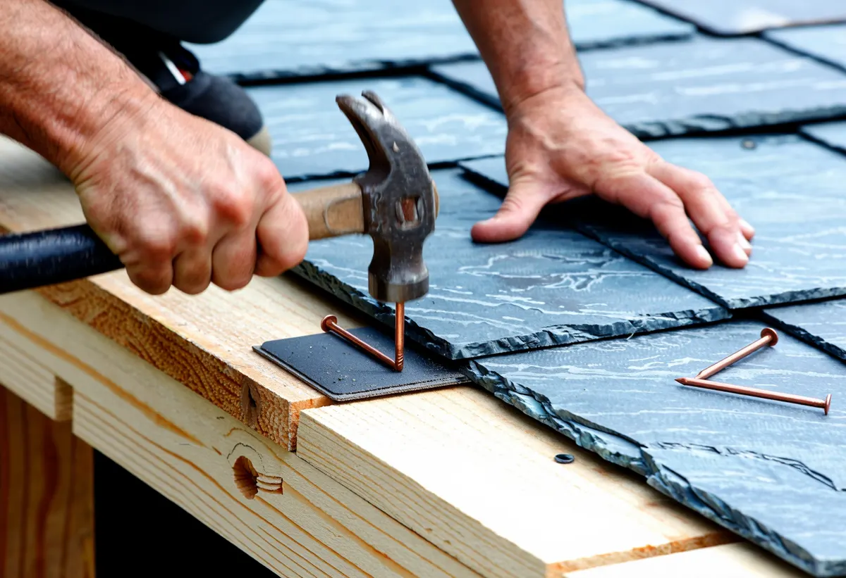 Close up of a roofer nailing a slate tile onto timber battens