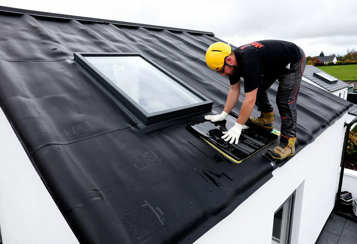 A roofer laying black EPDM rubber membrane on a flat roof extension