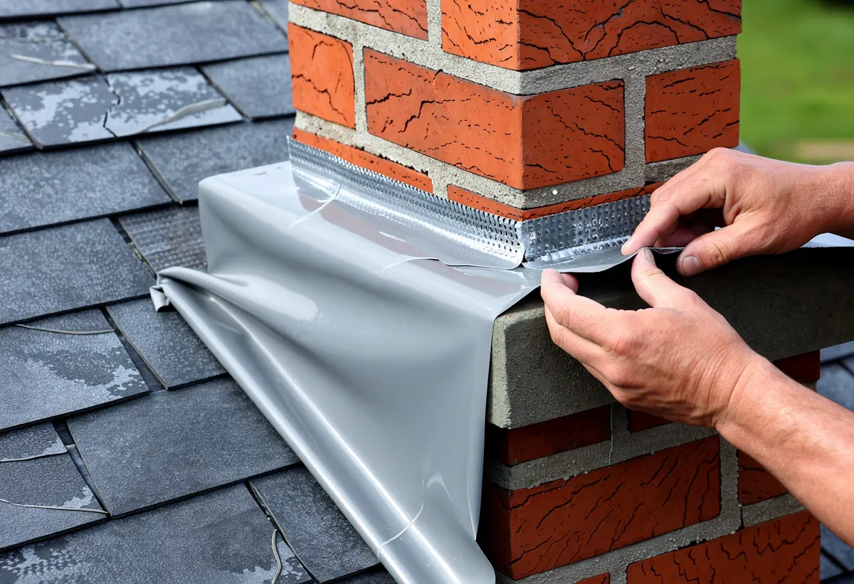 Fresh lead flashing dressed around a brick chimney stack