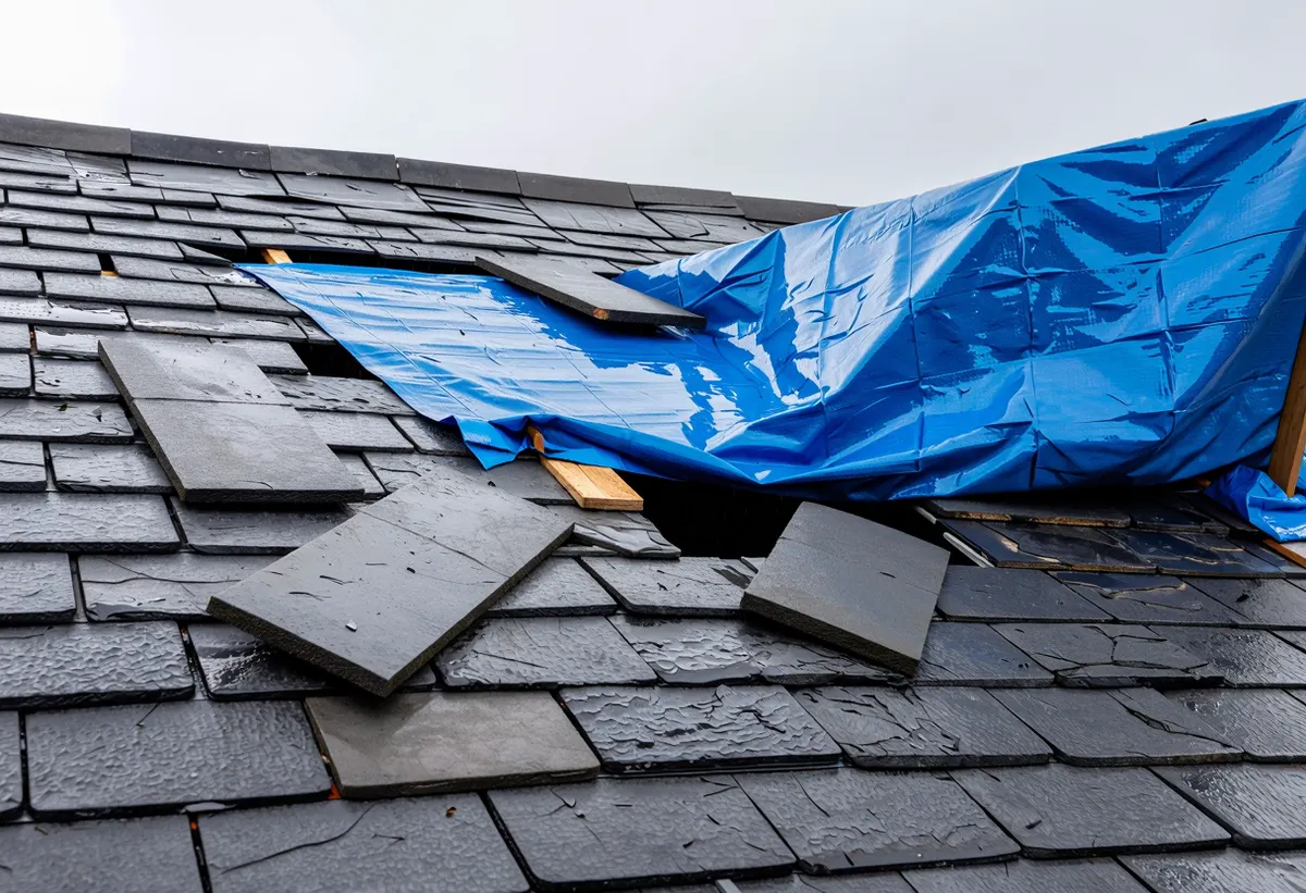 Storm damaged roof with missing slates and a tarpaulin