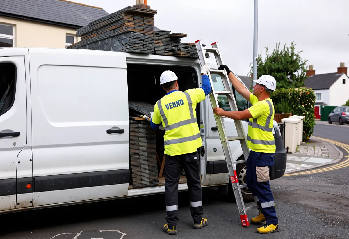 Two roofers unloading ladders and slates from a work van