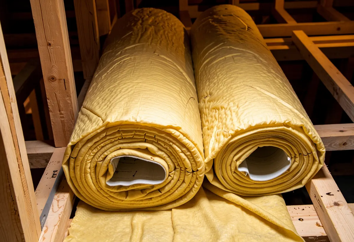 Attic insulation being laid between joists in a loft